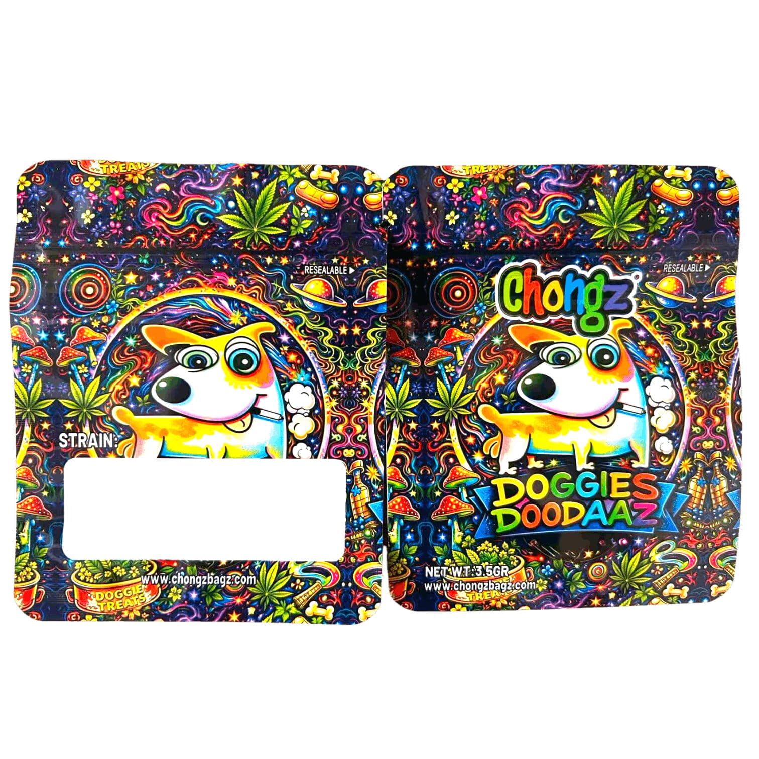 Doggies Doodaaz Chongz Mylar Bag, front and back