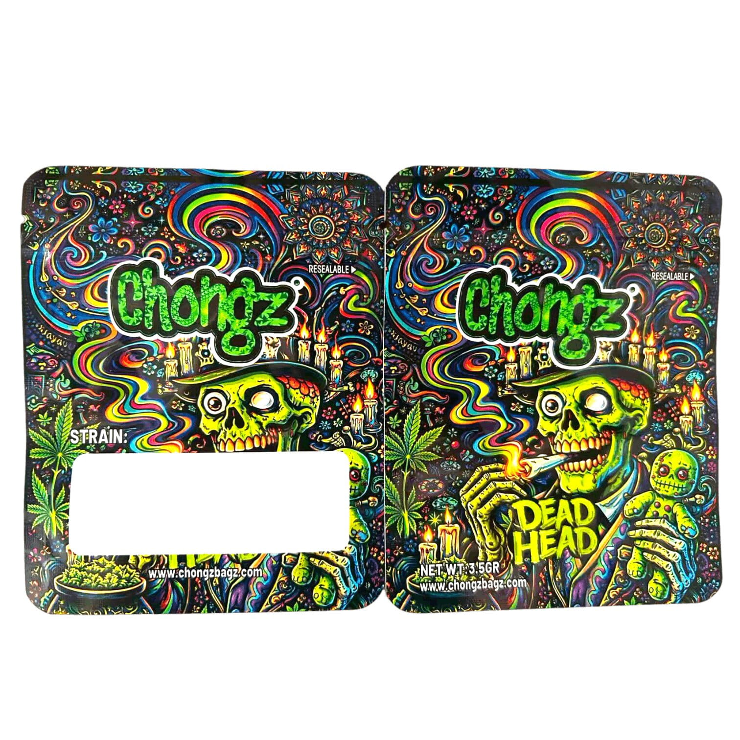 Psychadelic Dead Head Chongz Mylar Bag, front and back