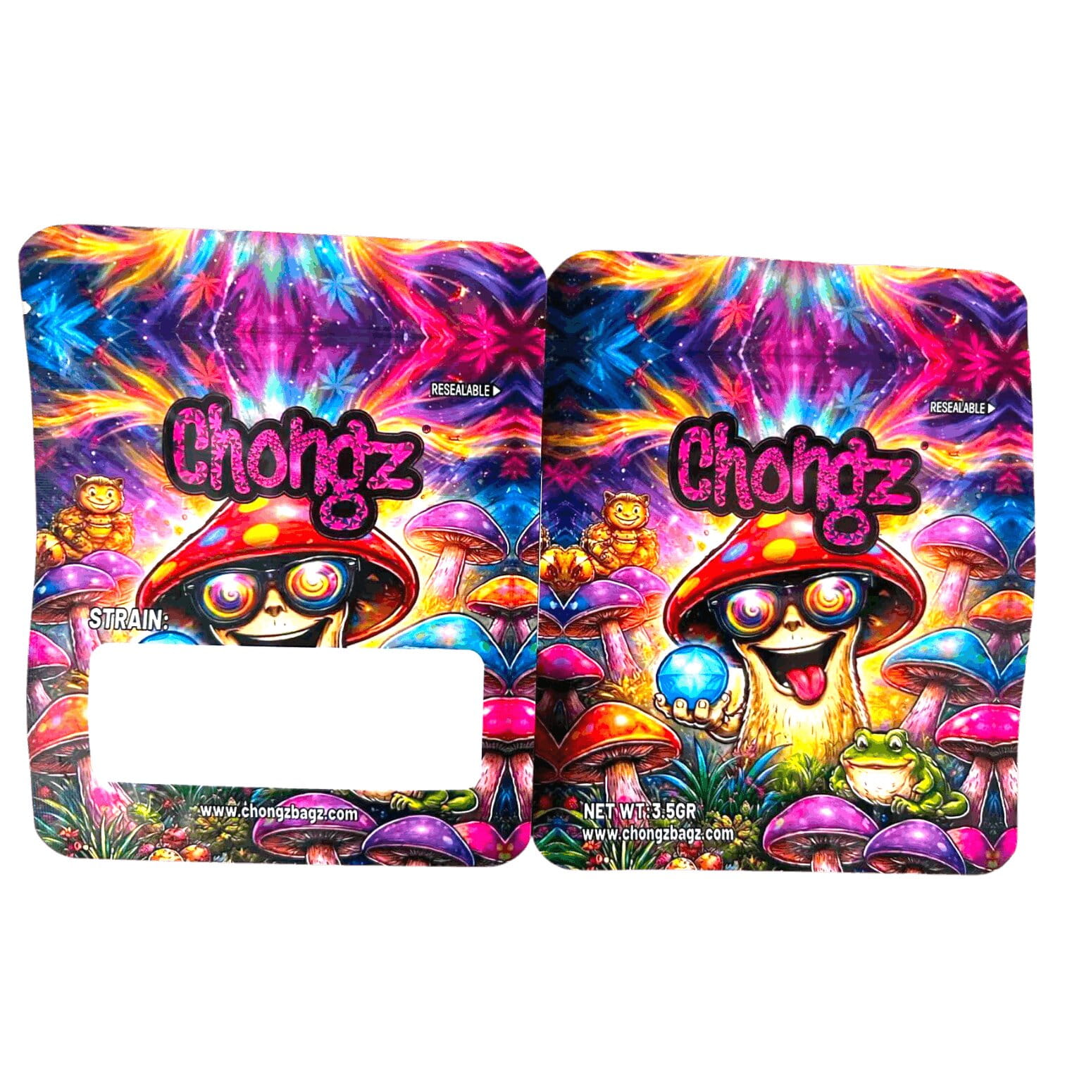 Magic Mushroom Chongz Mylar Bag, front and back