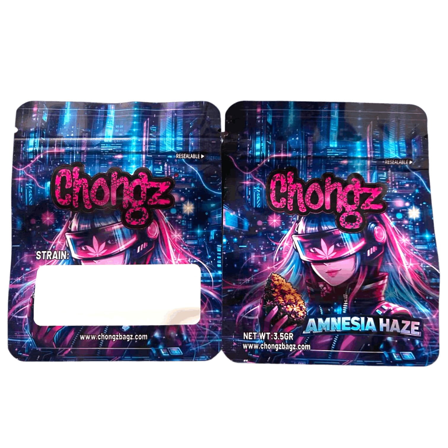 Amnesia Haze Chongz Mylar Bag, front and back