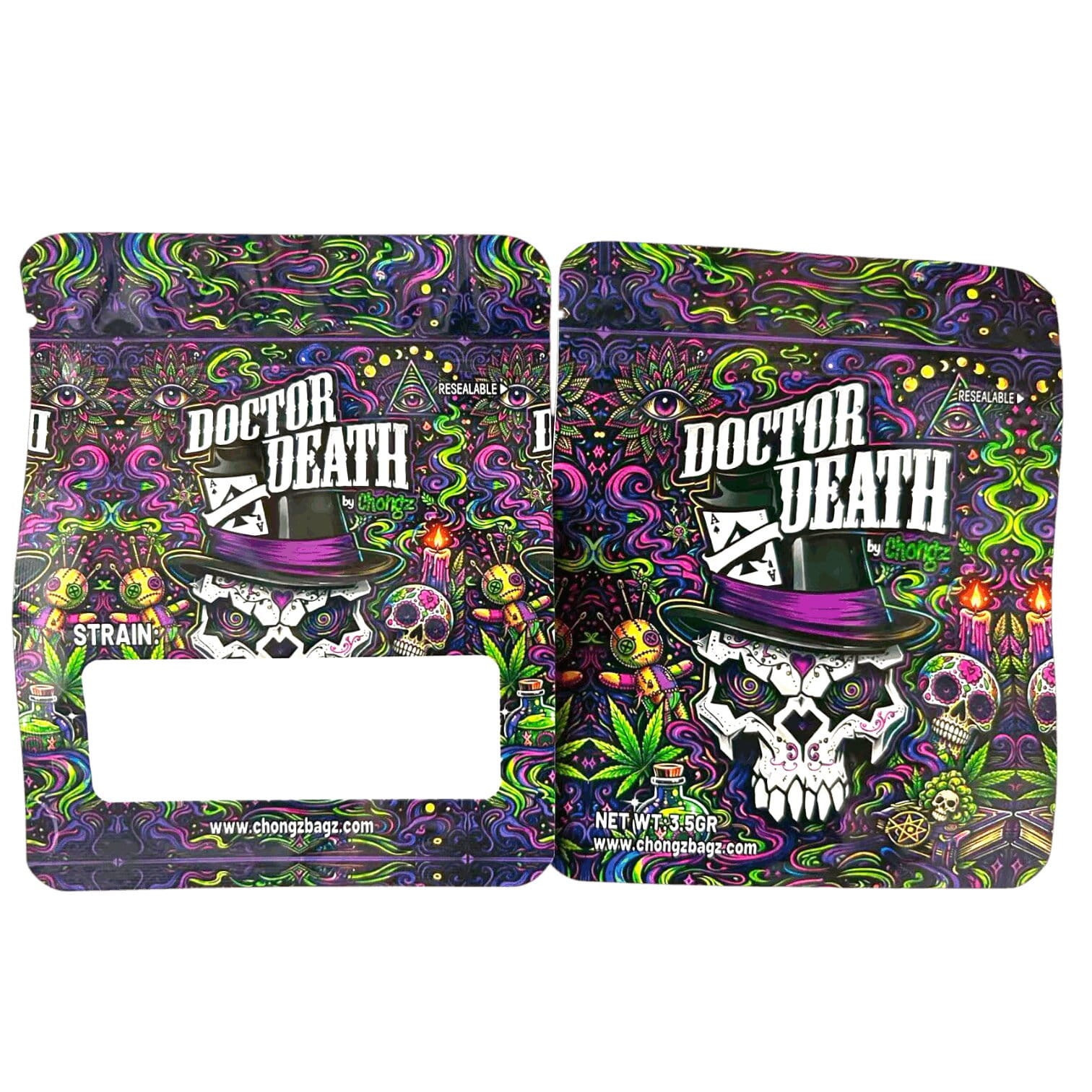 Psychadelic Dr Death Chongz Mylar Bag, front and back