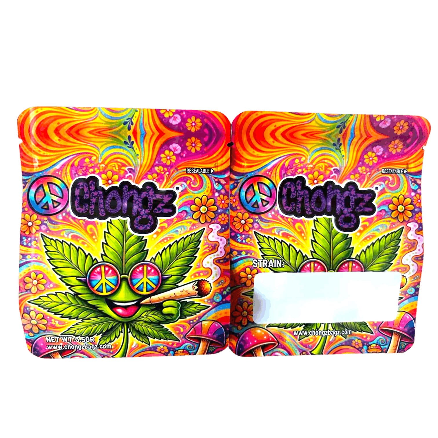 Shadey Leaf Chongz Mylar Bag, front and back