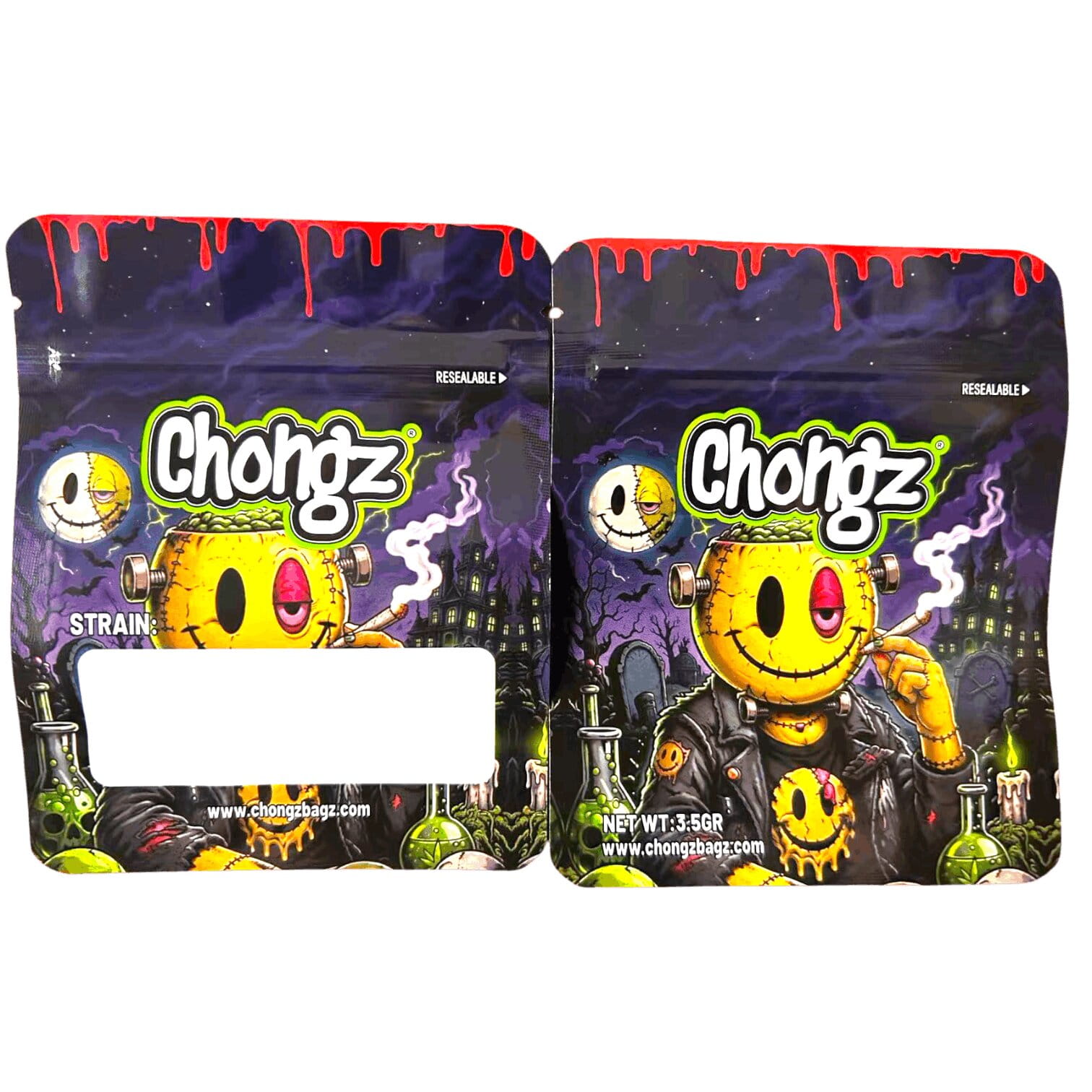 Pumpkin Head Chongz Mylar Bag, front and back