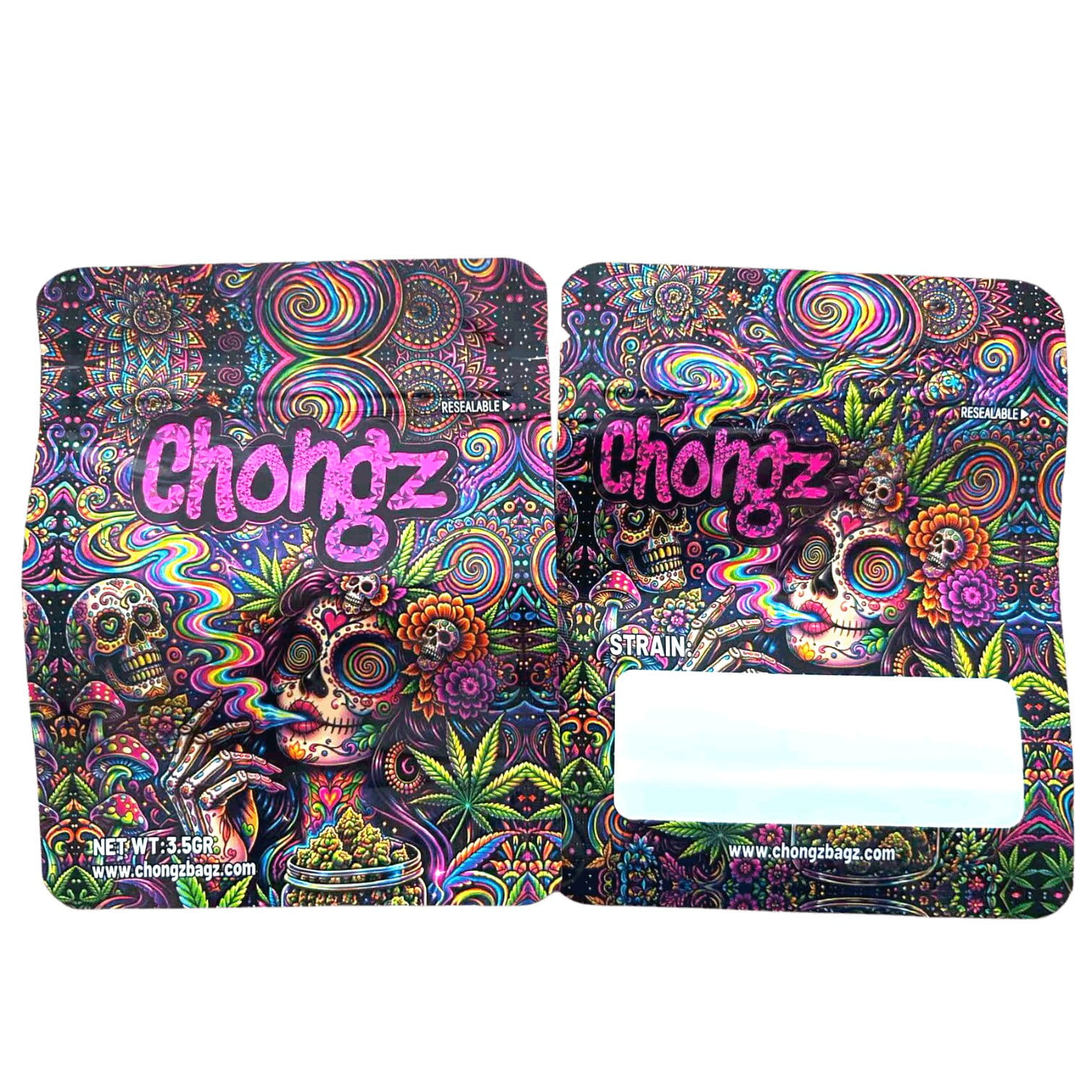 Day of the Dead Babe Chongz Mylar Bag, front and back