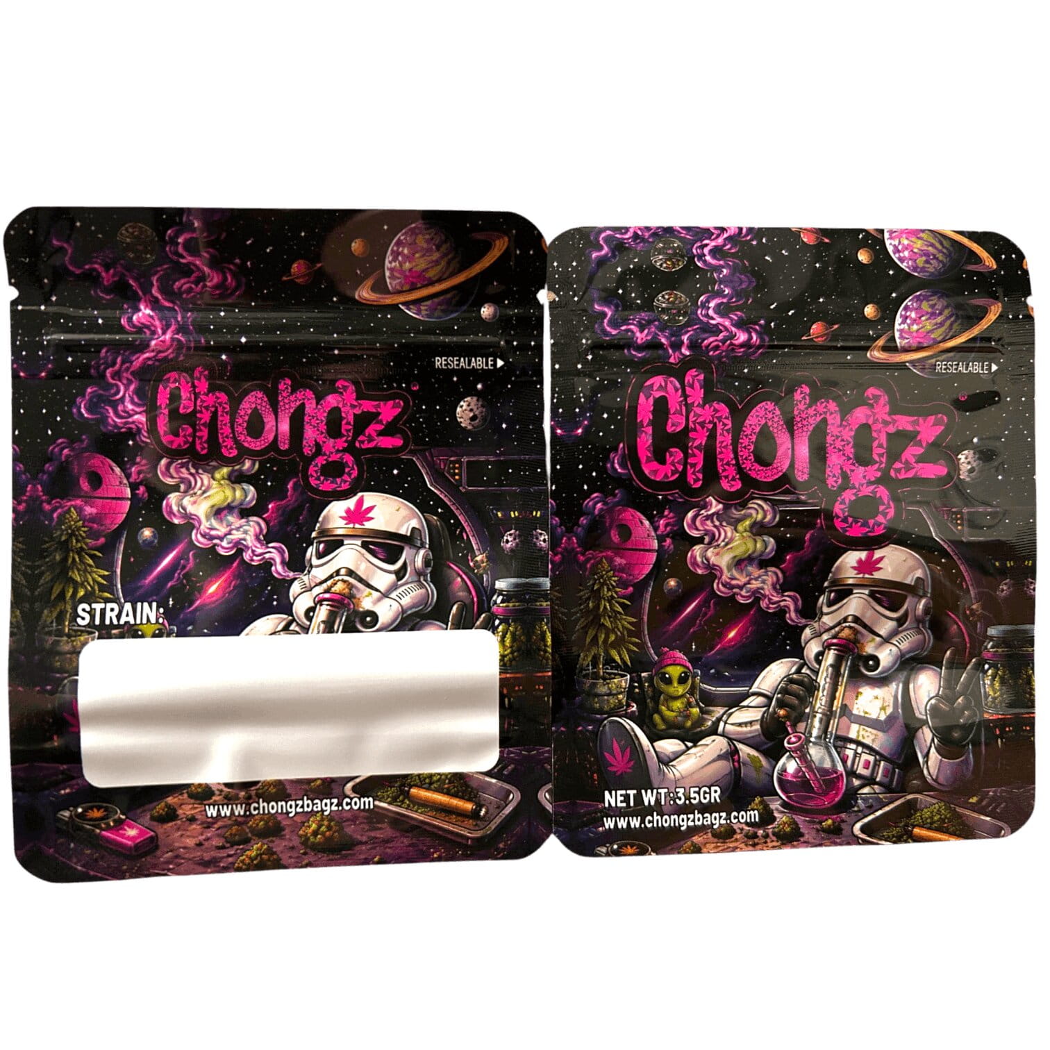 Stone Trooper Chongz Mylar Bag, front and back