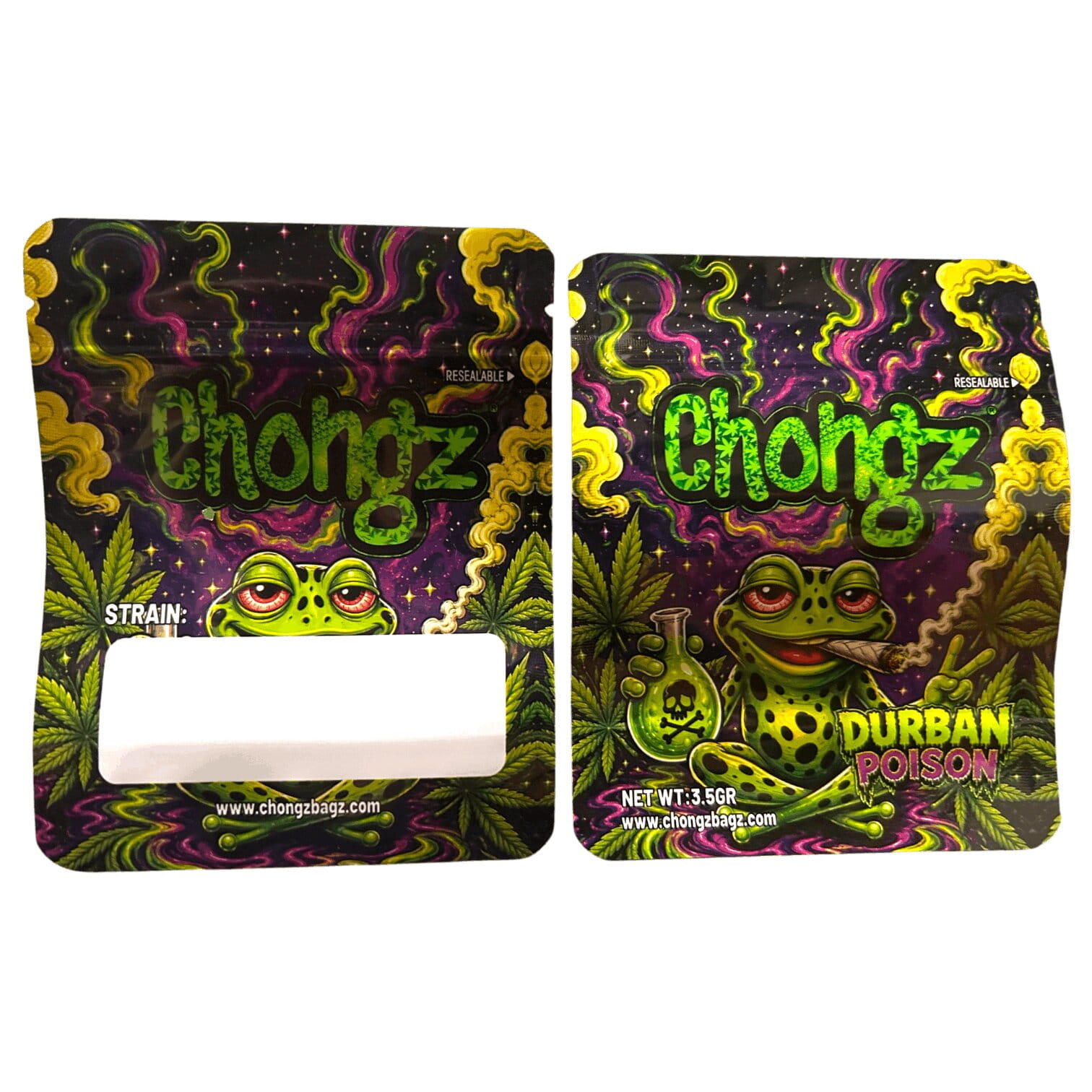 Durban Poison Chongz Mylar Bag, front and back