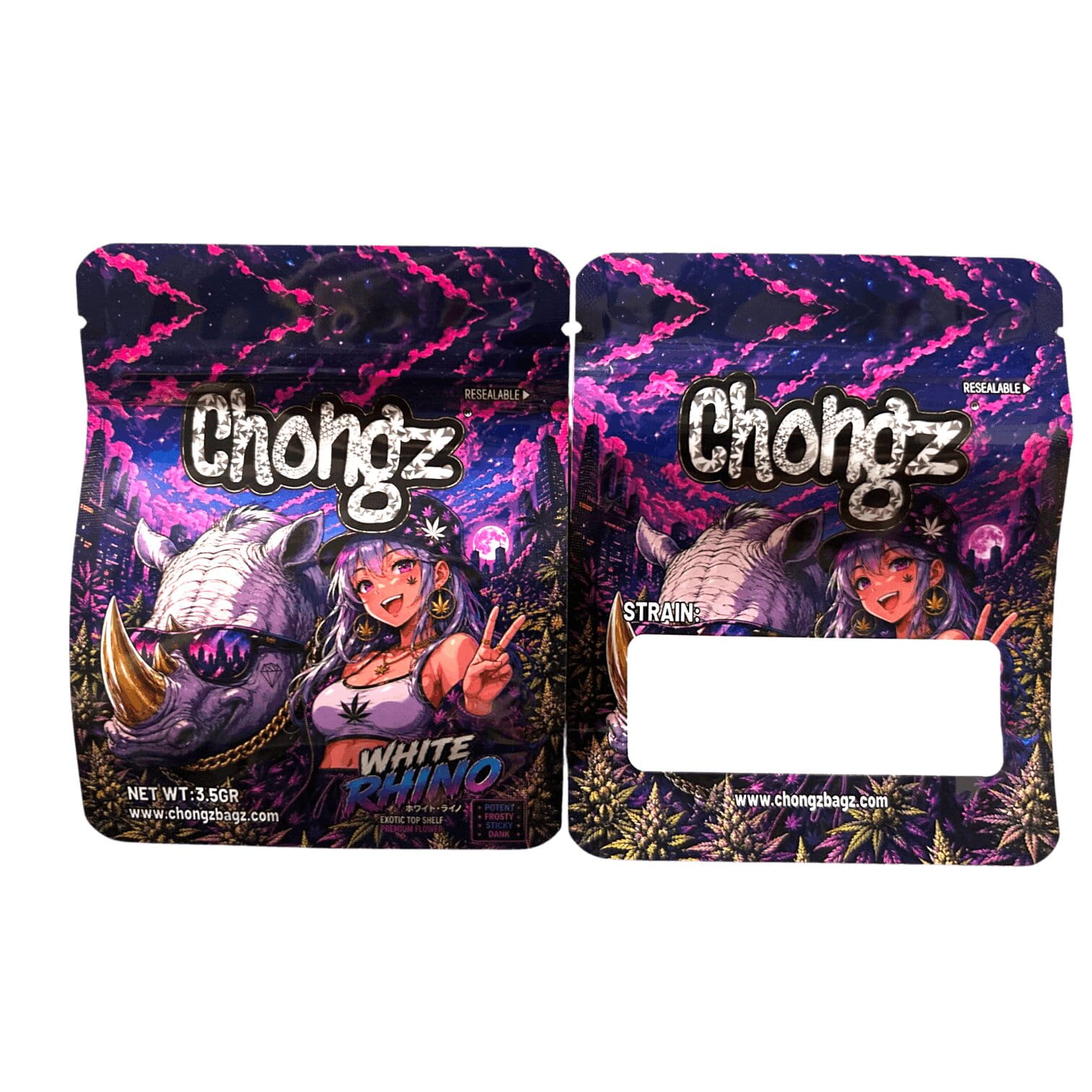 White Rhino Chongz Mylar Bag, front and back